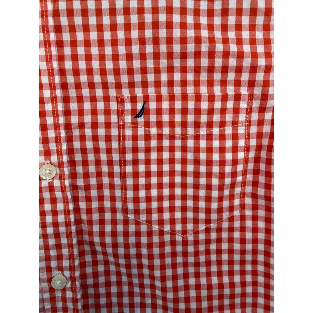 Nautica Boys Red White Gingham Short Sleeve Button‎ Down Shirt Size M 10/12